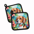 Beagle Luau Pot Holder Set of 2 Heat Resistant Quilted Hot Pads 7.5 x 7.5 Inch, Insulated Kitchen Trivets for Cooking & Baking