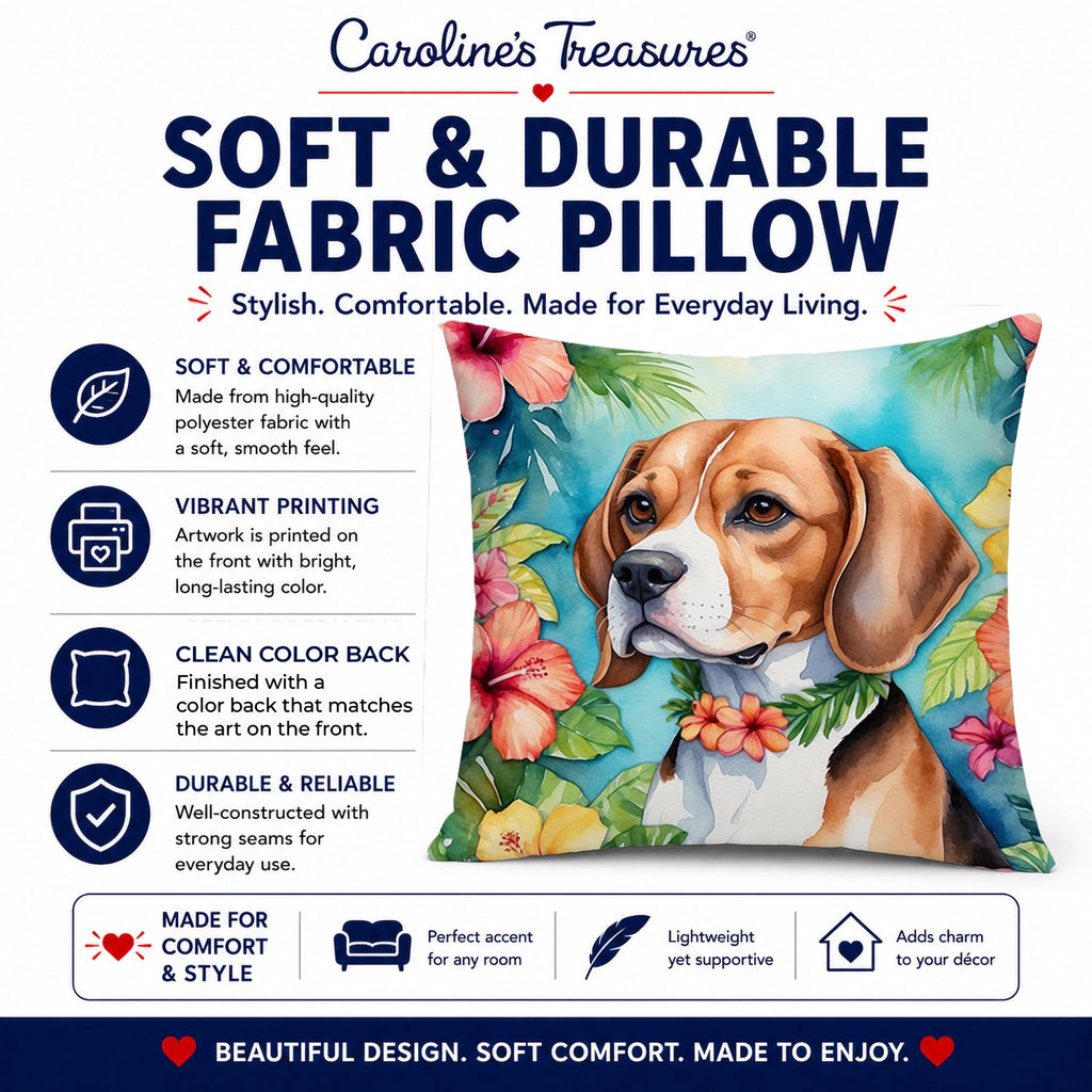 Beagle Luau Decorative Throw Pillow 14x14 Indoor Outdoor Accent Cushion, Fabric Cover with Insert for Sofa, Bed, Porch & Living Room