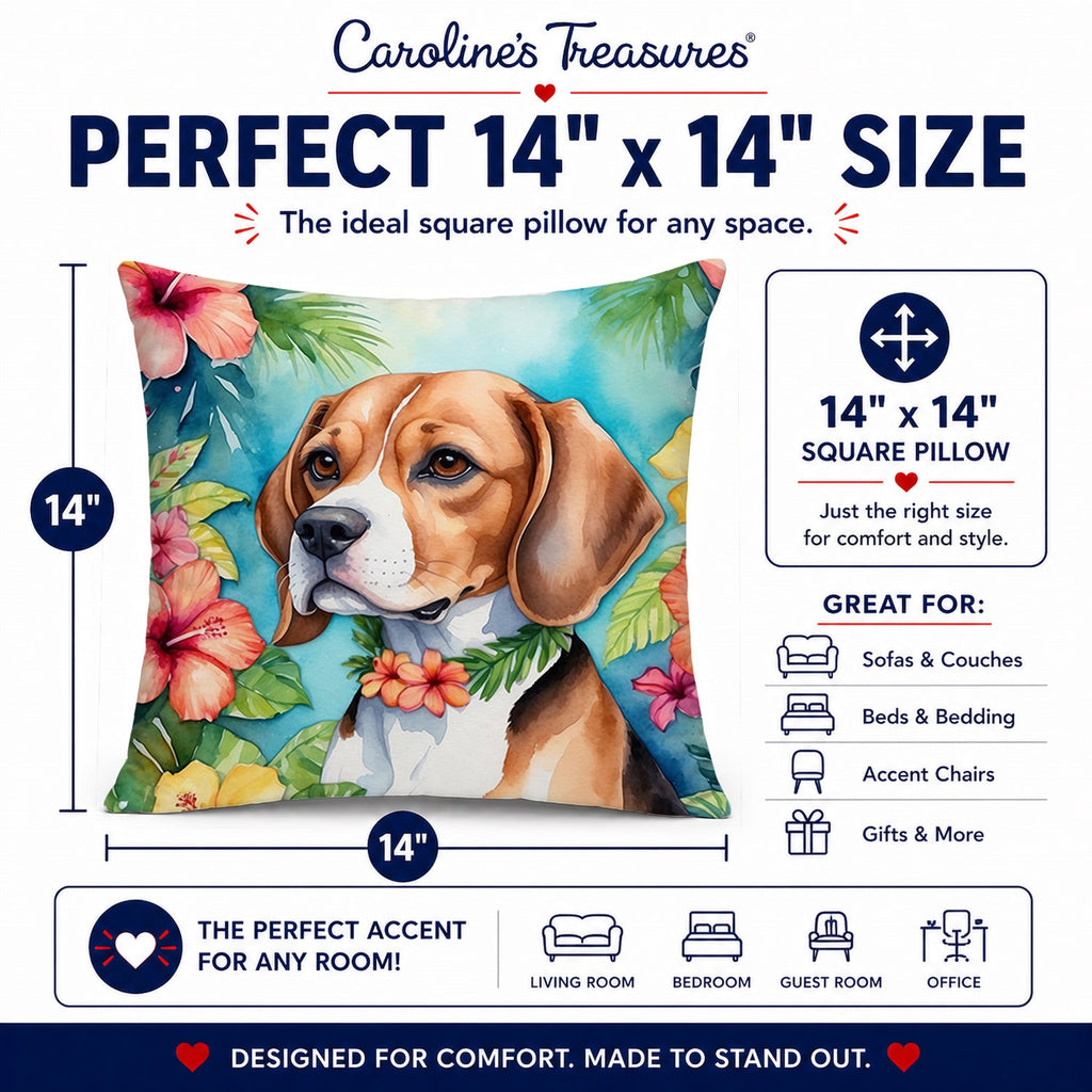 Beagle Luau Decorative Throw Pillow 14x14 Indoor Outdoor Accent Cushion, Fabric Cover with Insert for Sofa, Bed, Porch & Living Room