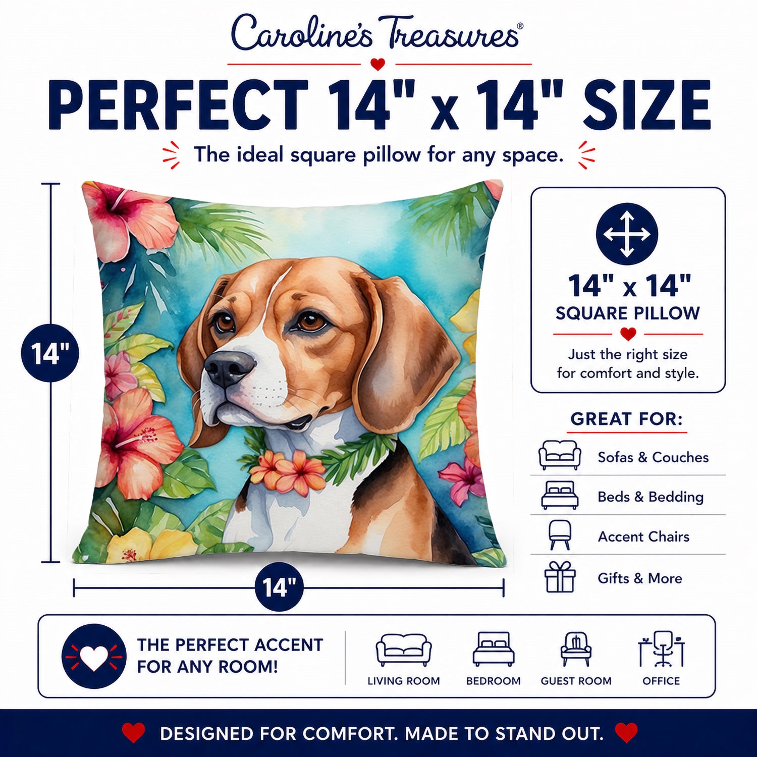 Beagle Luau Decorative Throw Pillow 14x14 Indoor Outdoor Accent Cushion, Fabric Cover with Insert for Sofa, Bed, Porch & Living Room