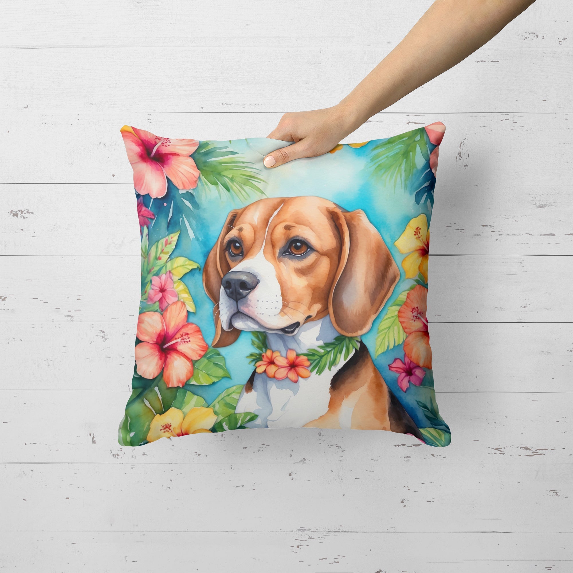 Beagle Luau Decorative Throw Pillow 18x18 Indoor Outdoor Accent Cushion, Fabric Cover with Insert for Sofa, Bed, Porch & Living Room