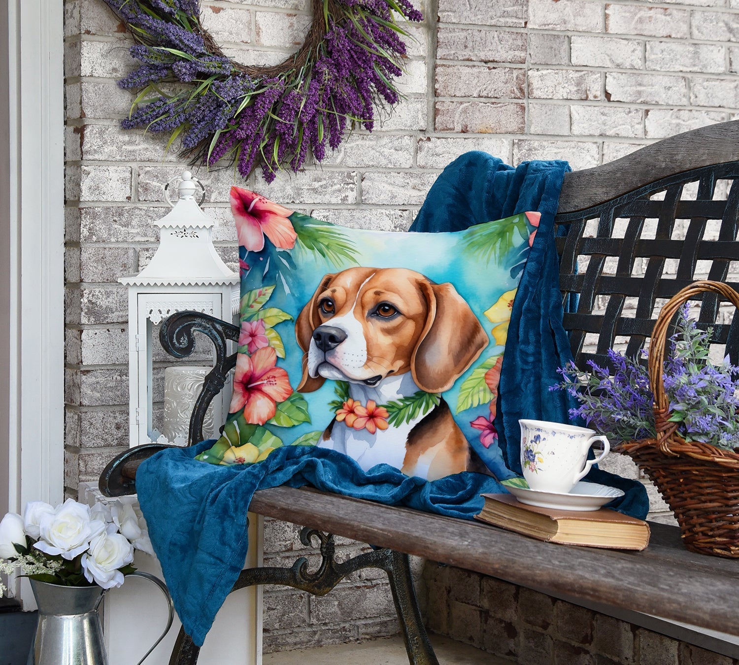 Beagle Luau Decorative Throw Pillow 18x18 Indoor Outdoor Accent Cushion, Fabric Cover with Insert for Sofa, Bed, Porch & Living Room