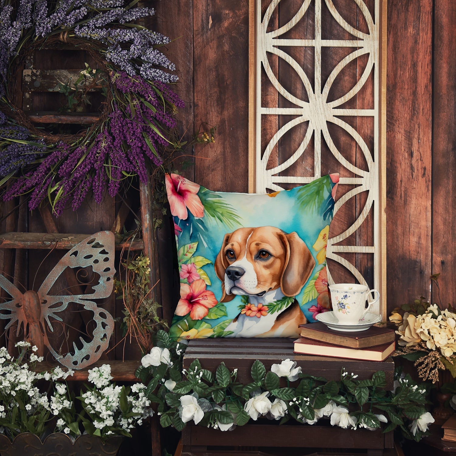 Beagle Luau Decorative Throw Pillow 18x18 Indoor Outdoor Accent Cushion, Fabric Cover with Insert for Sofa, Bed, Porch & Living Room