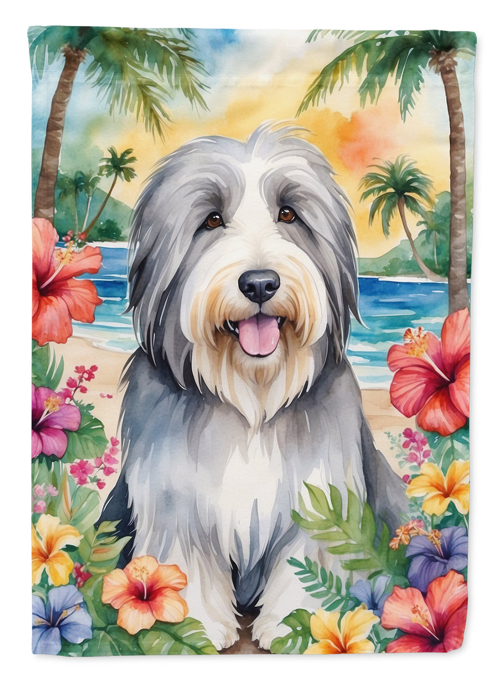 Bearded Collie Luau House Flag 28x40 Porch Sleeve Pole Decorative Outside Yard Banner Artwork Wall Hanging, Polyester