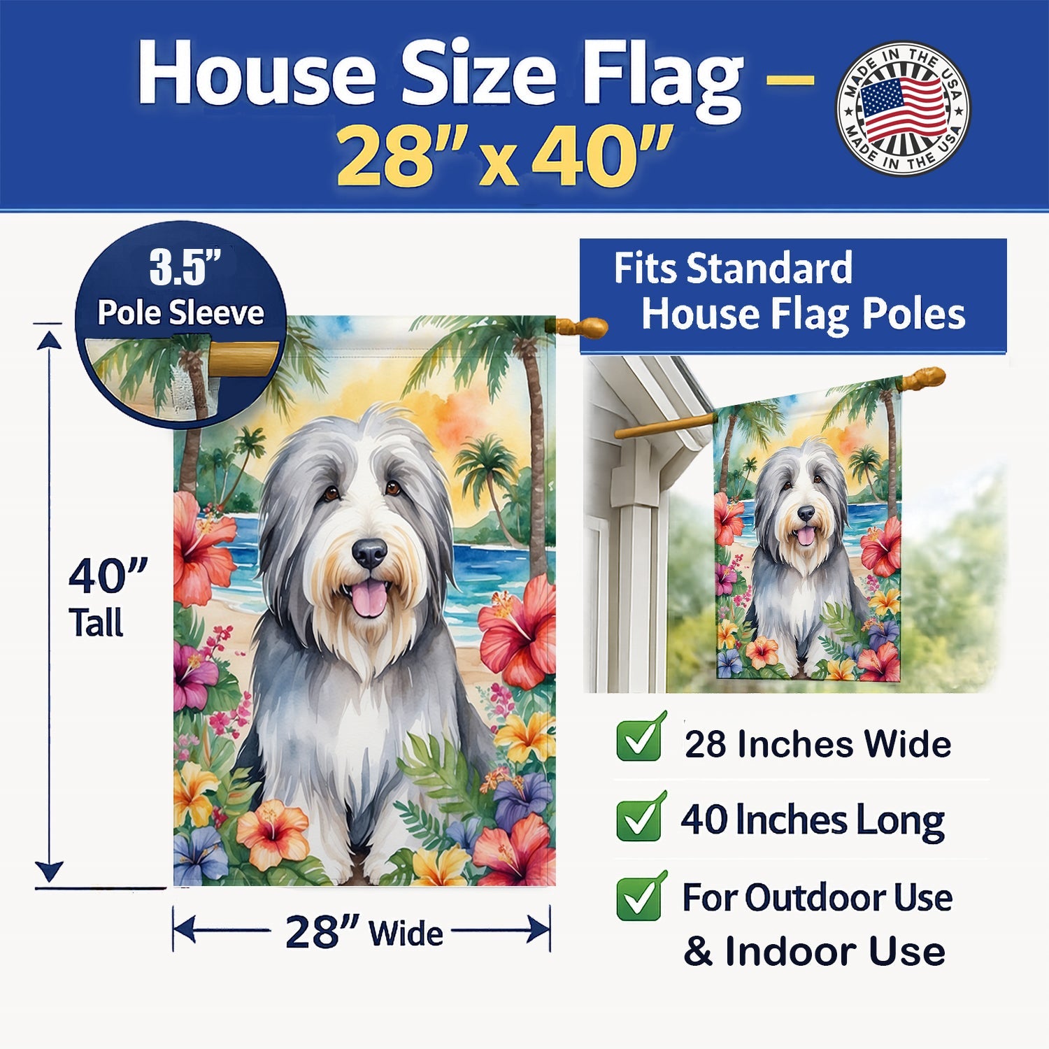Bearded Collie Luau House Flag 28x40 Porch Sleeve Pole Decorative Outside Yard Banner Artwork Wall Hanging, Polyester