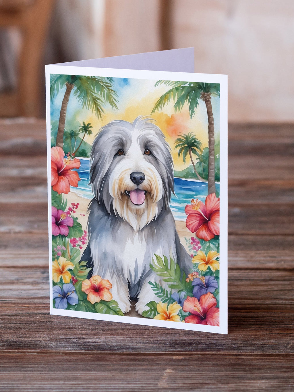 Bearded Collie Luau Greeting Cards Pack of 8 Blank Cards with Envelopes Whimsical A7 Size 5x7