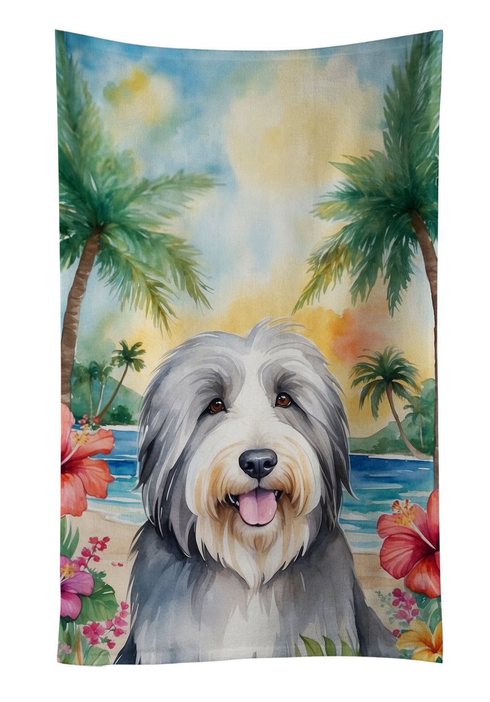 Bearded Collie Luau Kitchen Towel Velour Plush Front and Cotton Loop Back Machine Washable