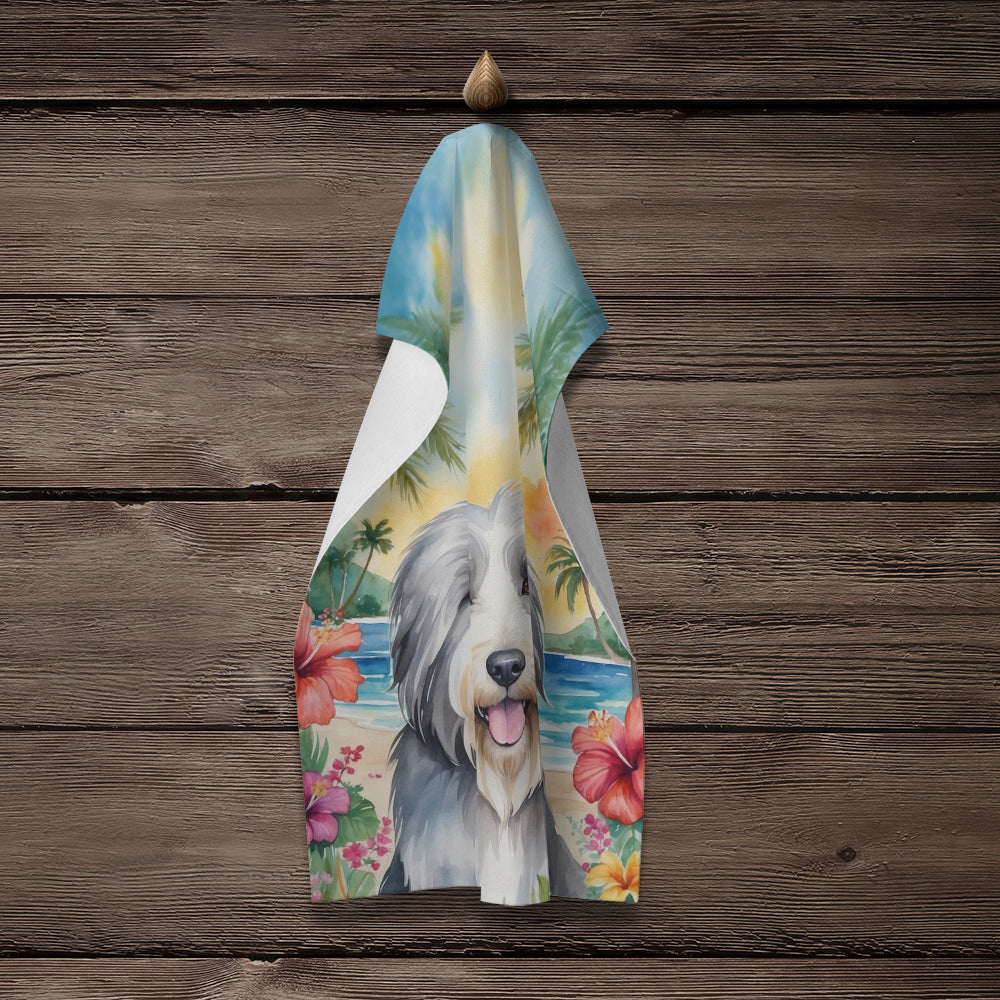 Bearded Collie Luau Kitchen Towel Velour Plush Front and Cotton Loop Back Machine Washable