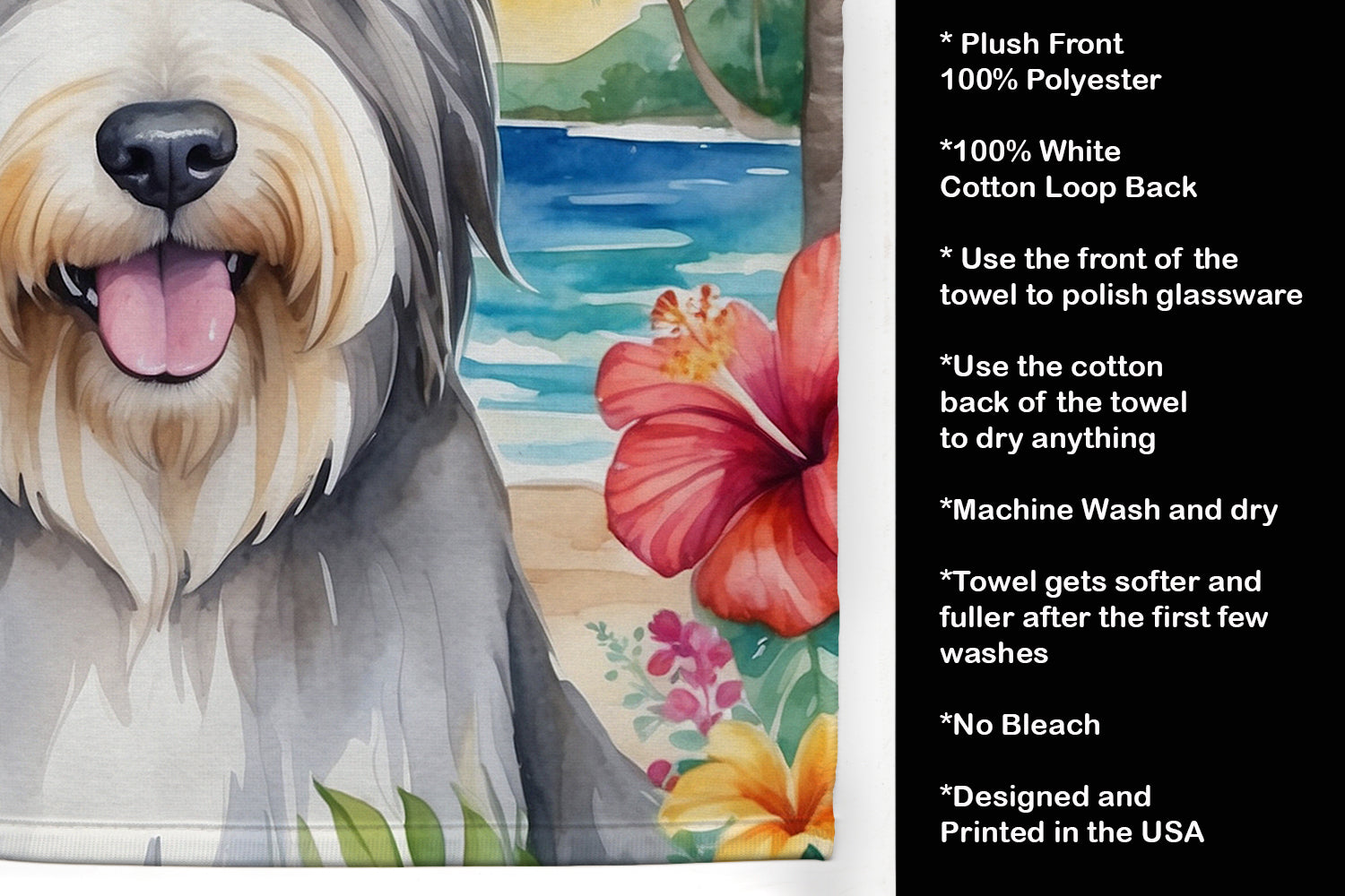 Bearded Collie Luau Kitchen Towel Velour Plush Front and Cotton Loop Back Machine Washable