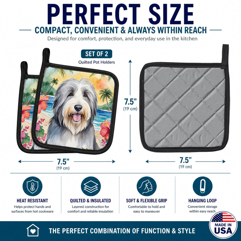 Bearded Collie Luau Pot Holder Set of 2 Heat Resistant Quilted Hot Pads 7.5 x 7.5 Inch, Insulated Kitchen Trivets for Cooking & Baking