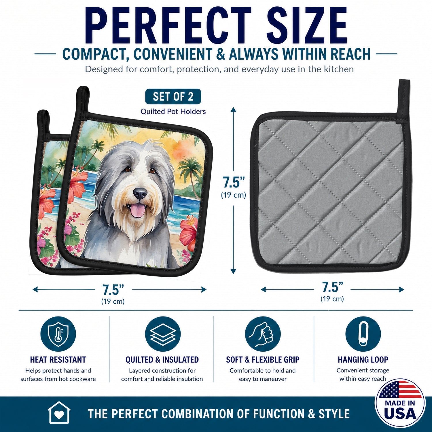 Bearded Collie Luau Pot Holder Set of 2 Heat Resistant Quilted Hot Pads 7.5 x 7.5 Inch, Insulated Kitchen Trivets for Cooking & Baking