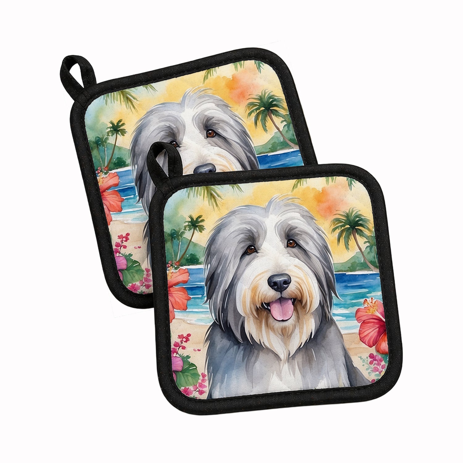 Bearded Collie Luau Pot Holder Set of 2 Heat Resistant Quilted Hot Pads 7.5 x 7.5 Inch, Insulated Kitchen Trivets for Cooking & Baking