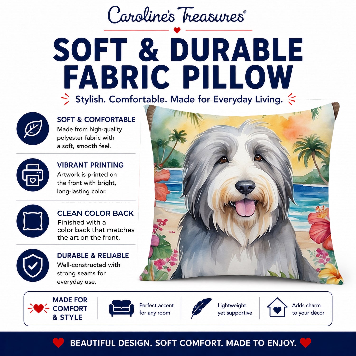 Bearded Collie Luau Decorative Throw Pillow 14x14 Indoor Outdoor Accent Cushion, Fabric Cover with Insert for Sofa, Bed, Porch & Living Room