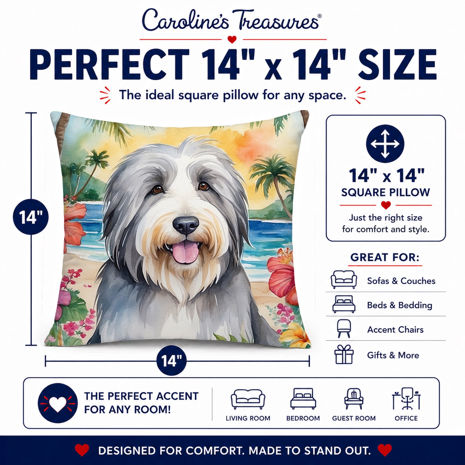 Bearded Collie Luau Decorative Throw Pillow 14x14 Indoor Outdoor Accent Cushion, Fabric Cover with Insert for Sofa, Bed, Porch & Living Room