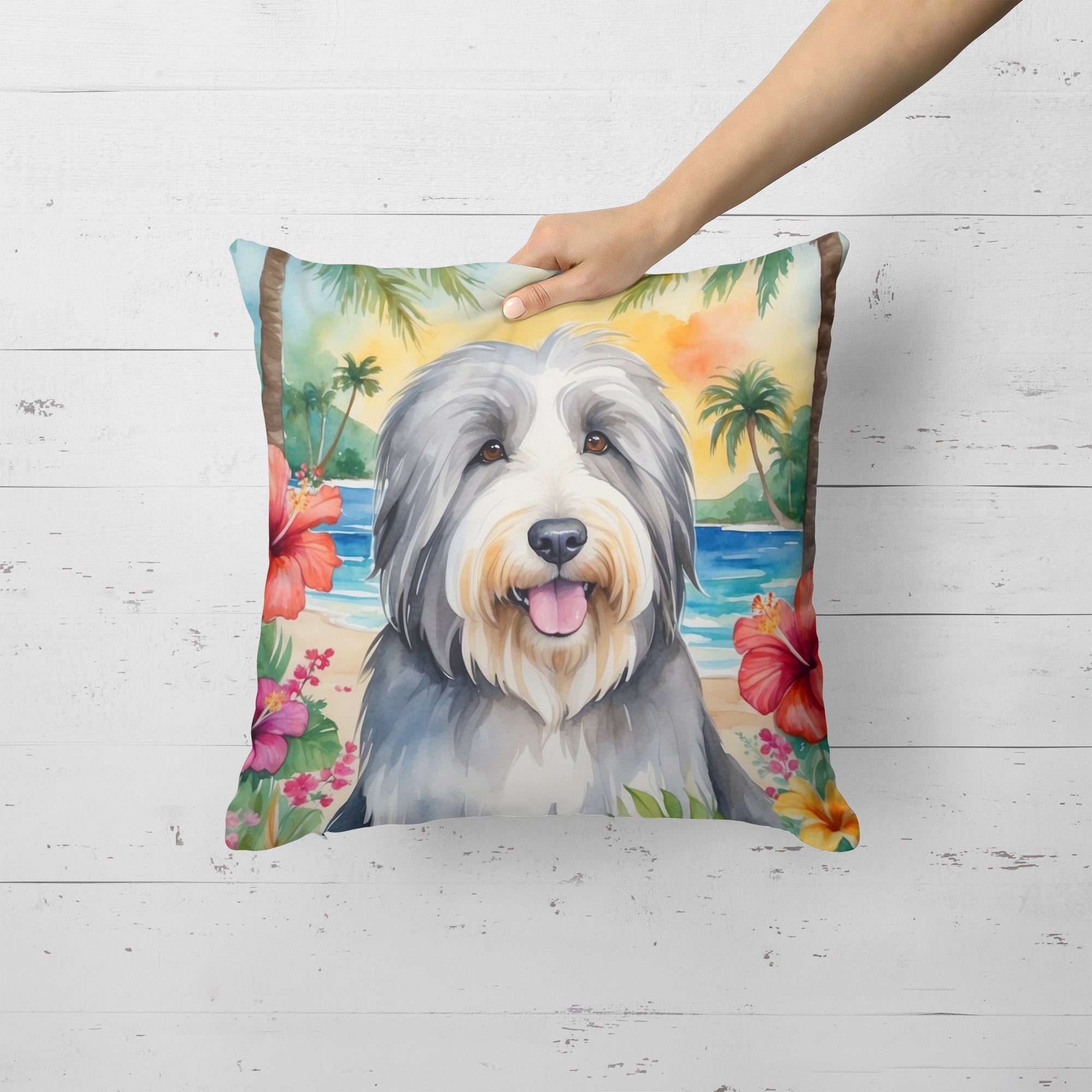 Bearded Collie Luau Decorative Throw Pillow 18x18 Indoor Outdoor Accent Cushion, Fabric Cover with Insert for Sofa, Bed, Porch & Living Room