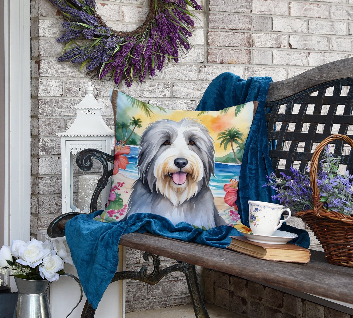 Bearded Collie Luau Decorative Throw Pillow 18x18 Indoor Outdoor Accent Cushion, Fabric Cover with Insert for Sofa, Bed, Porch & Living Room