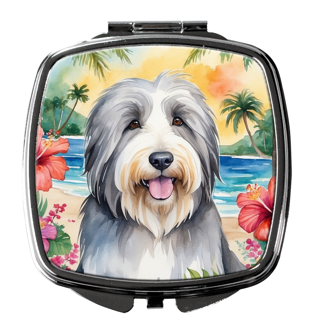 Bearded Collie Luau Compact Mirror Decorative Travel Makeup Mirror for Women Girls Gifts Pocket Makeup Mirror Folding Handheld