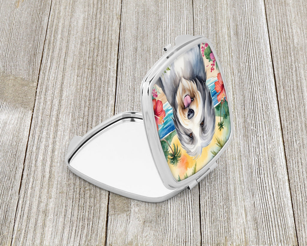 Bearded Collie Luau Compact Mirror Decorative Travel Makeup Mirror for Women Girls Gifts Pocket Makeup Mirror Folding Handheld