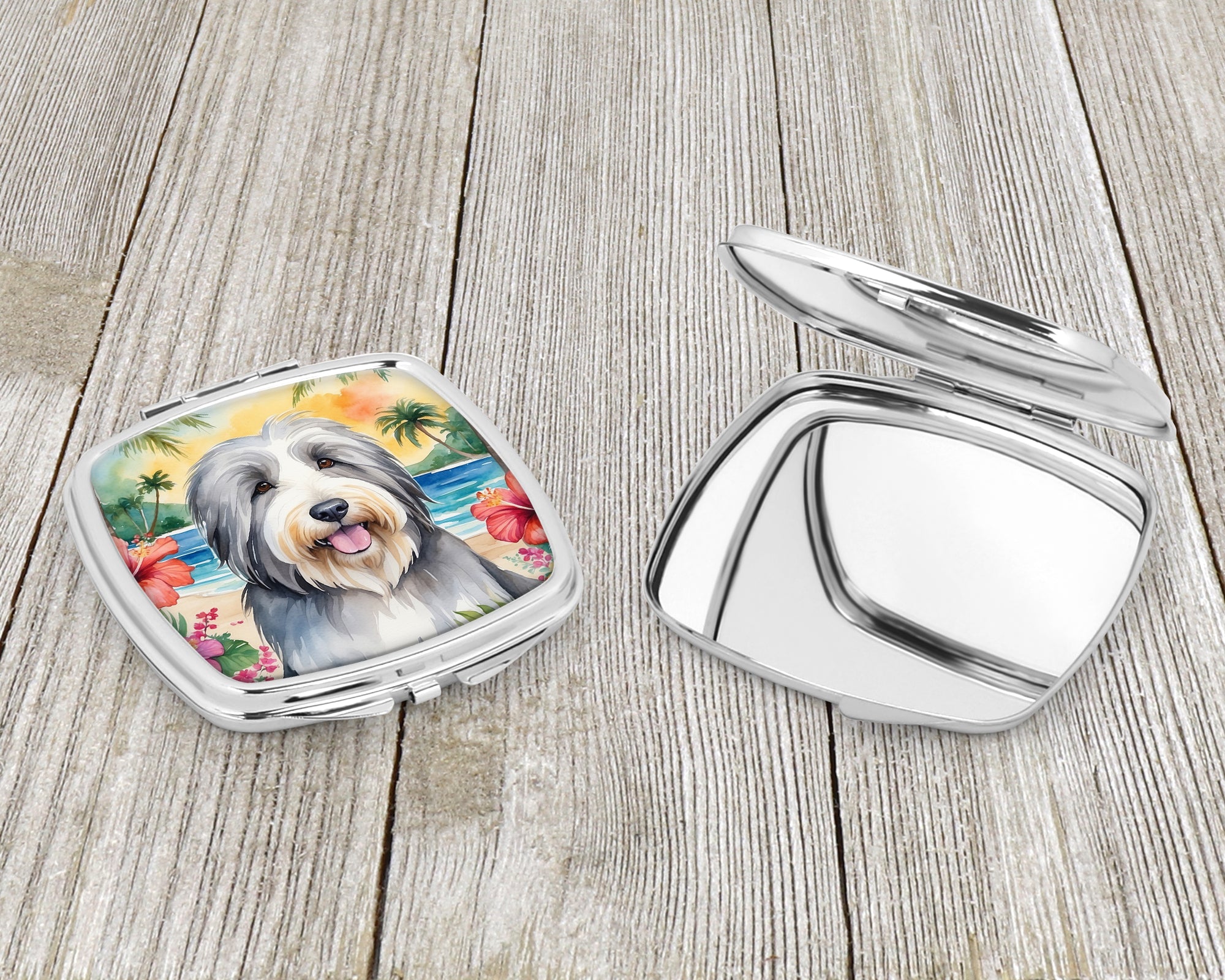 Bearded Collie Luau Compact Mirror Decorative Travel Makeup Mirror for Women Girls Gifts Pocket Makeup Mirror Folding Handheld