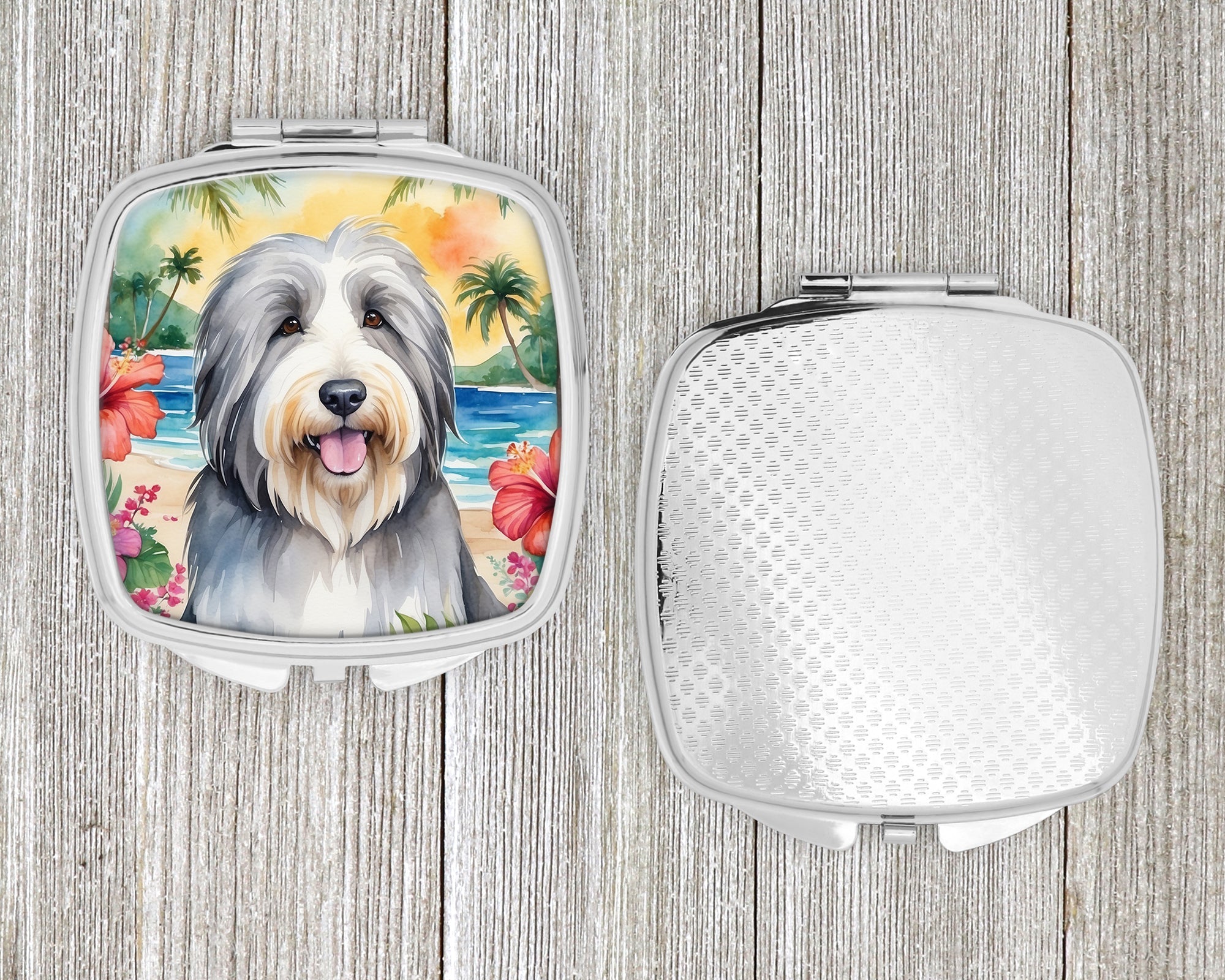 Bearded Collie Luau Compact Mirror Decorative Travel Makeup Mirror for Women Girls Gifts Pocket Makeup Mirror Folding Handheld