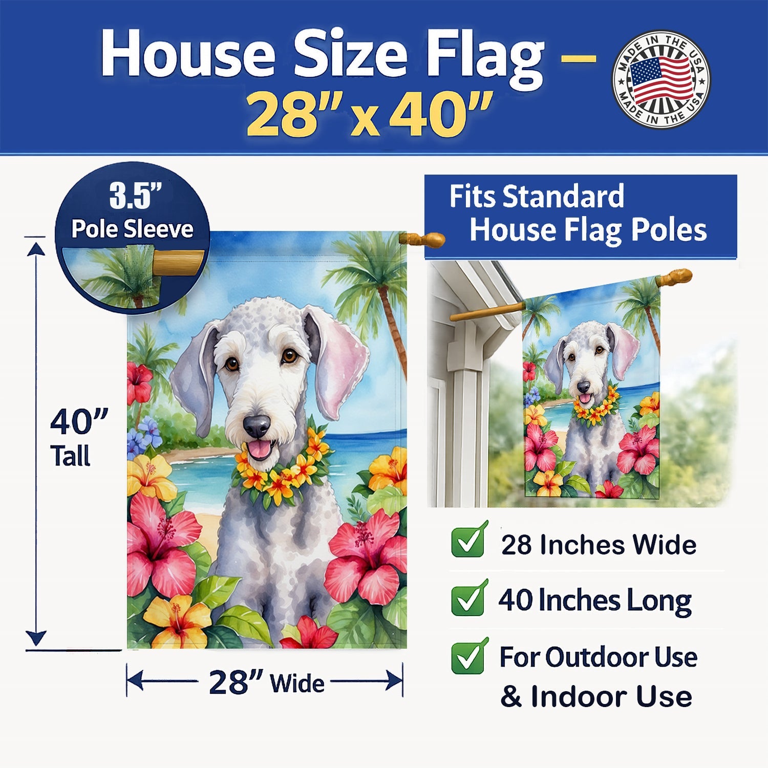 Bedlington Terrier Luau House Flag 28x40 Porch Sleeve Pole Decorative Outside Yard Banner Artwork Wall Hanging, Polyester