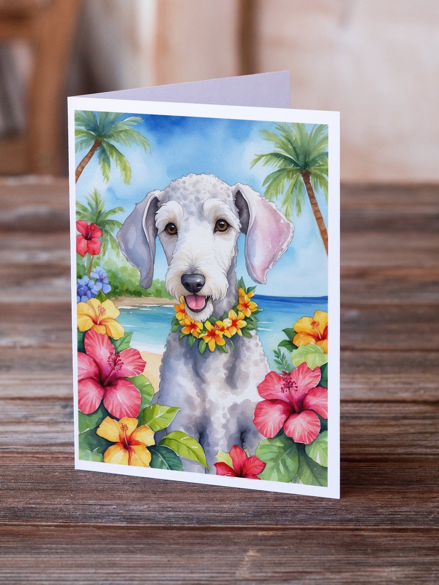 Bedlington Terrier Luau Greeting Cards Pack of 8 Blank Cards with Envelopes Whimsical A7 Size 5x7