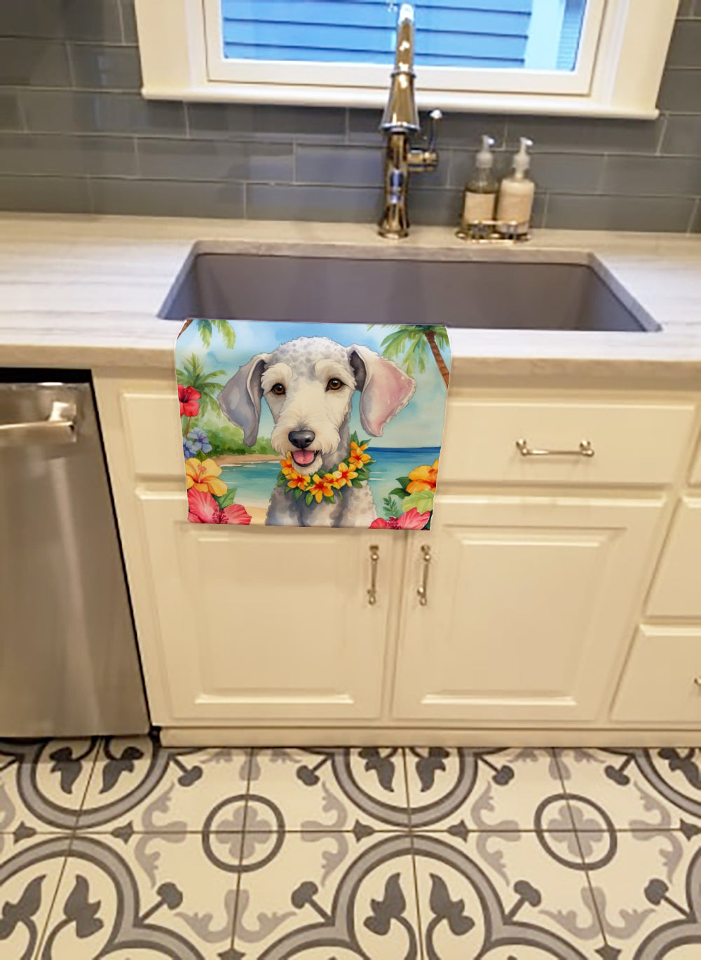 Bedlington Terrier Luau Kitchen Towel Velour Plush Front and Cotton Loop Back Machine Washable