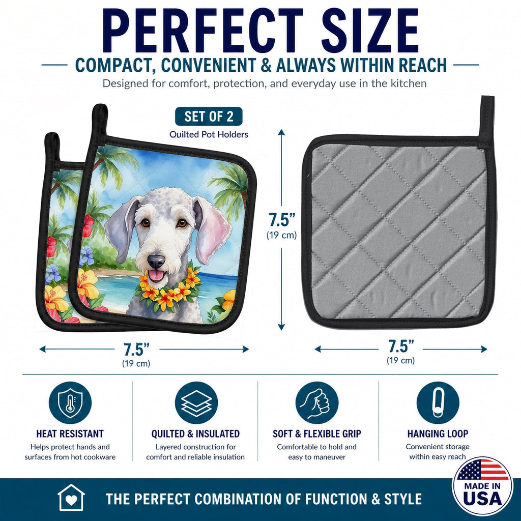 Bedlington Terrier Luau Pot Holder Set of 2 Heat Resistant Quilted Hot Pads 7.5 x 7.5 Inch, Insulated Kitchen Trivets for Cooking & Baking