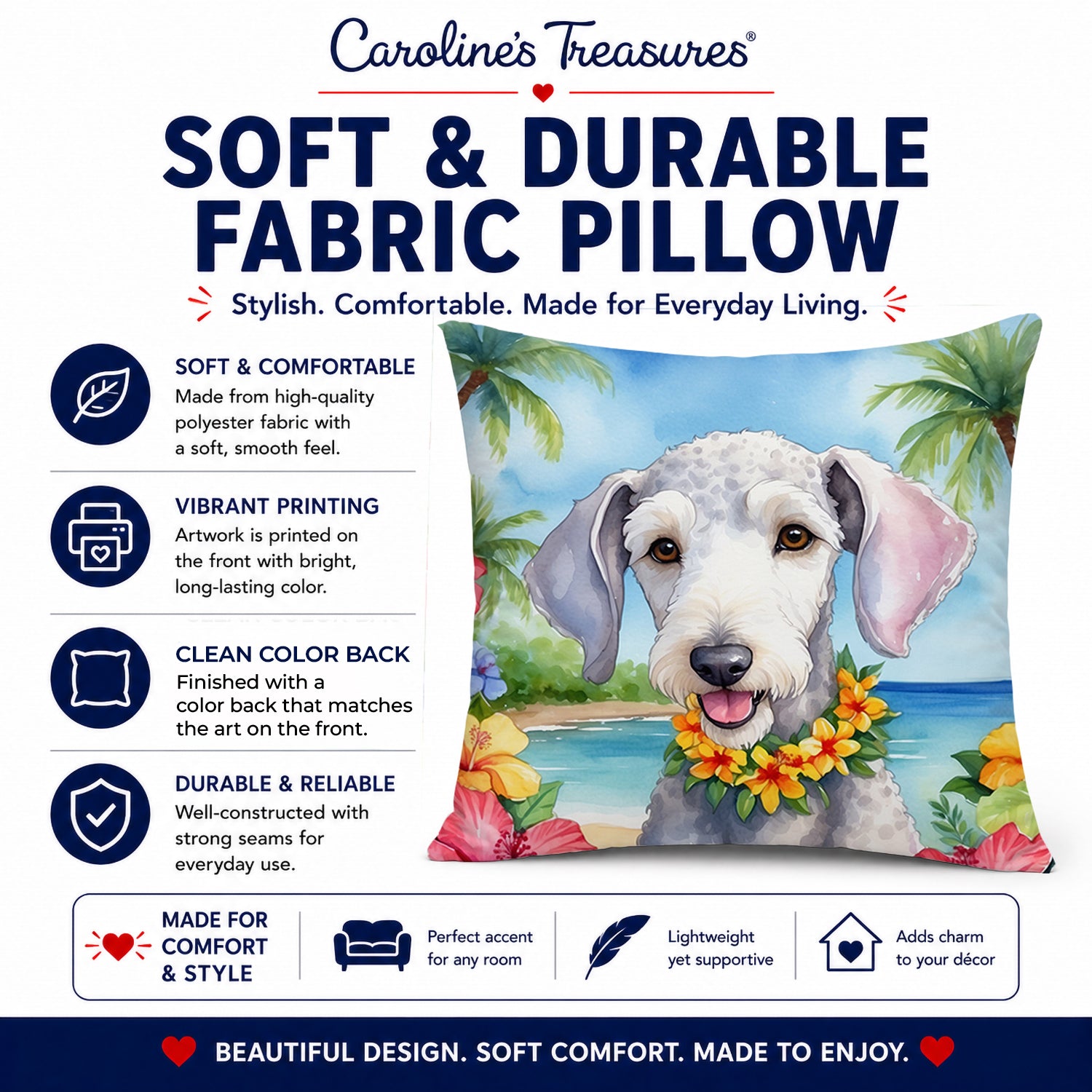 Bedlington Terrier Luau Decorative Throw Pillow 14x14 Indoor Outdoor Accent Cushion, Fabric Cover with Insert for Sofa, Bed, Porch & Living Room