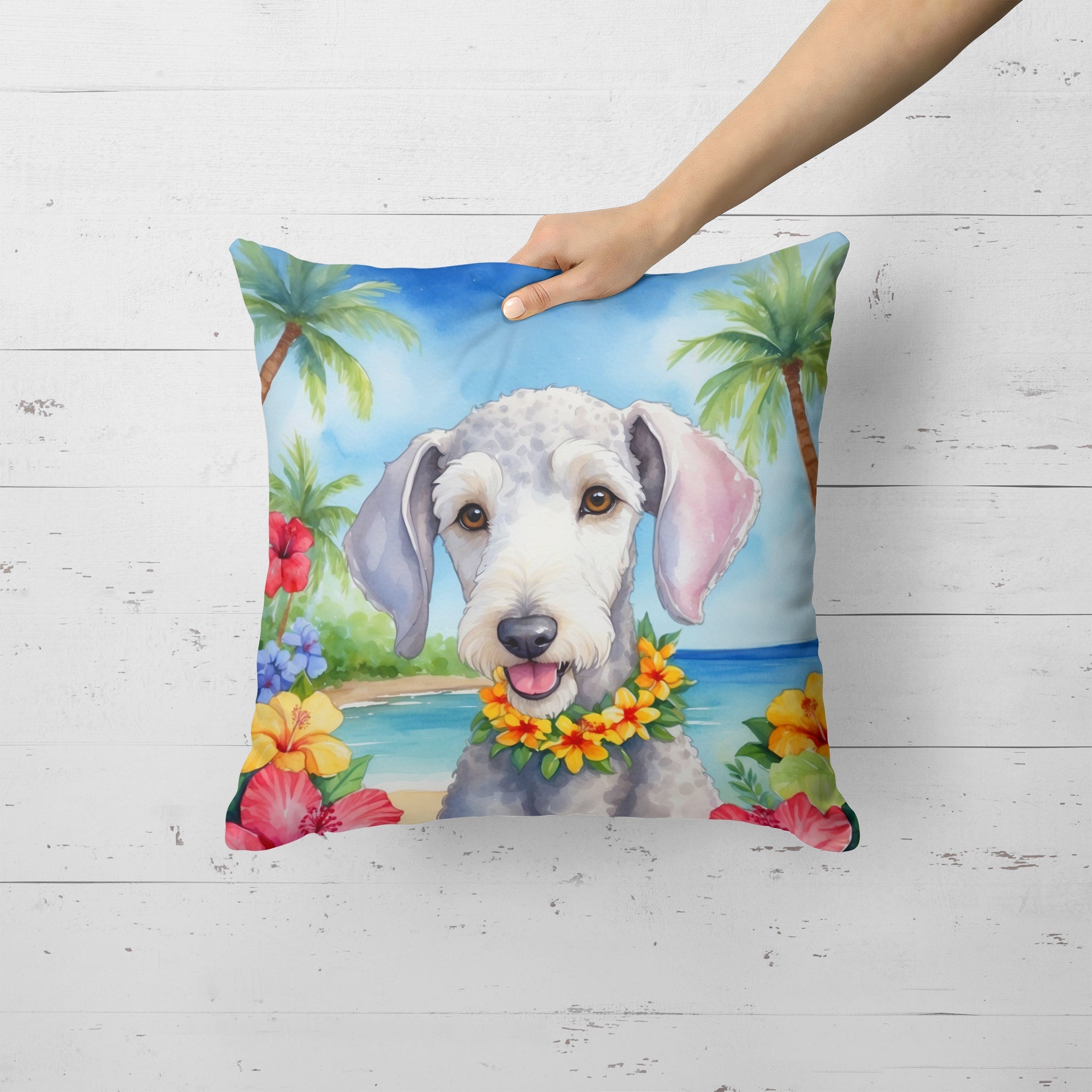 Bedlington Terrier Luau Decorative Throw Pillow 18x18 Indoor Outdoor Accent Cushion, Fabric Cover with Insert for Sofa, Bed, Porch & Living Room