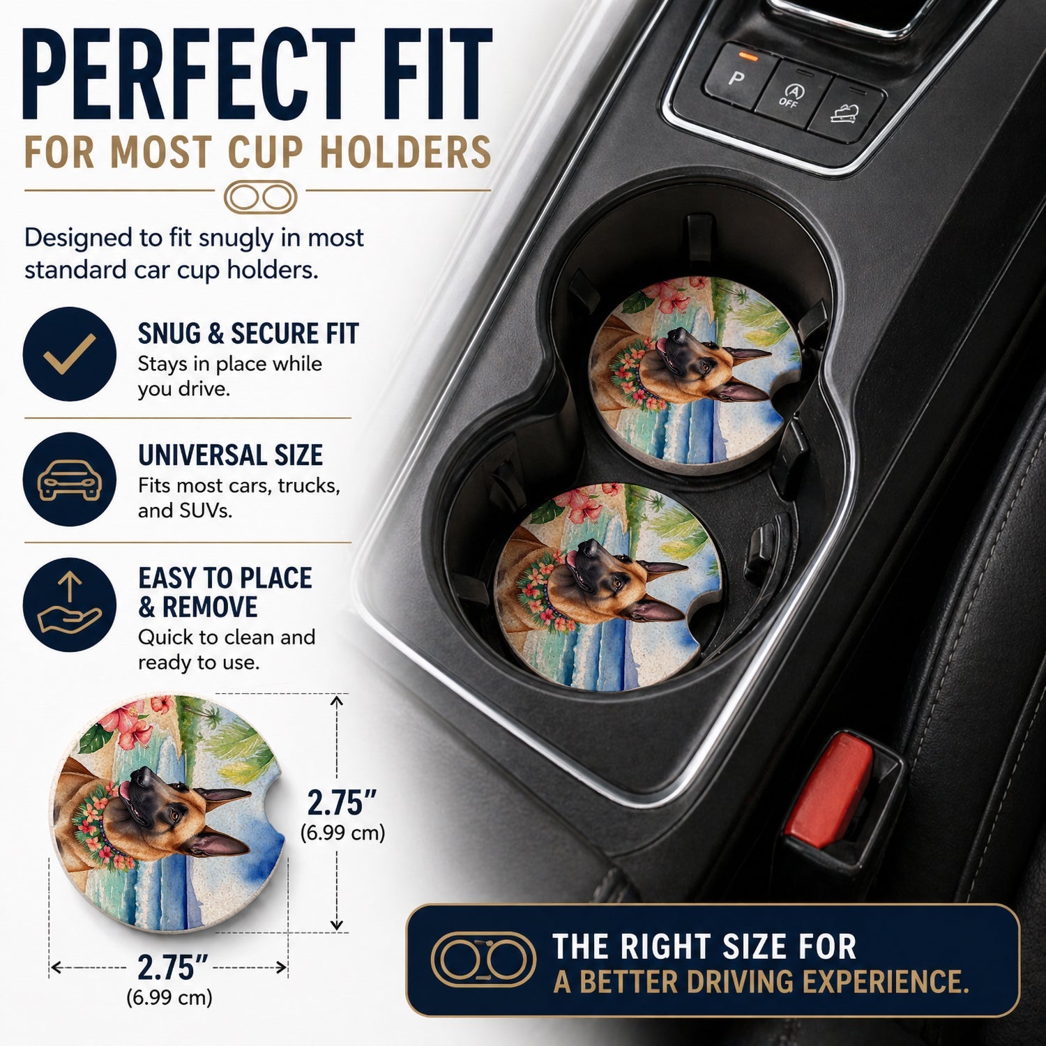 Belgian Malinois Luau Set of 2 Cup Holder Car Coasters Absorbent Round Sandstone Coasters Gifts for Men or Women, 2.5, Multicolor