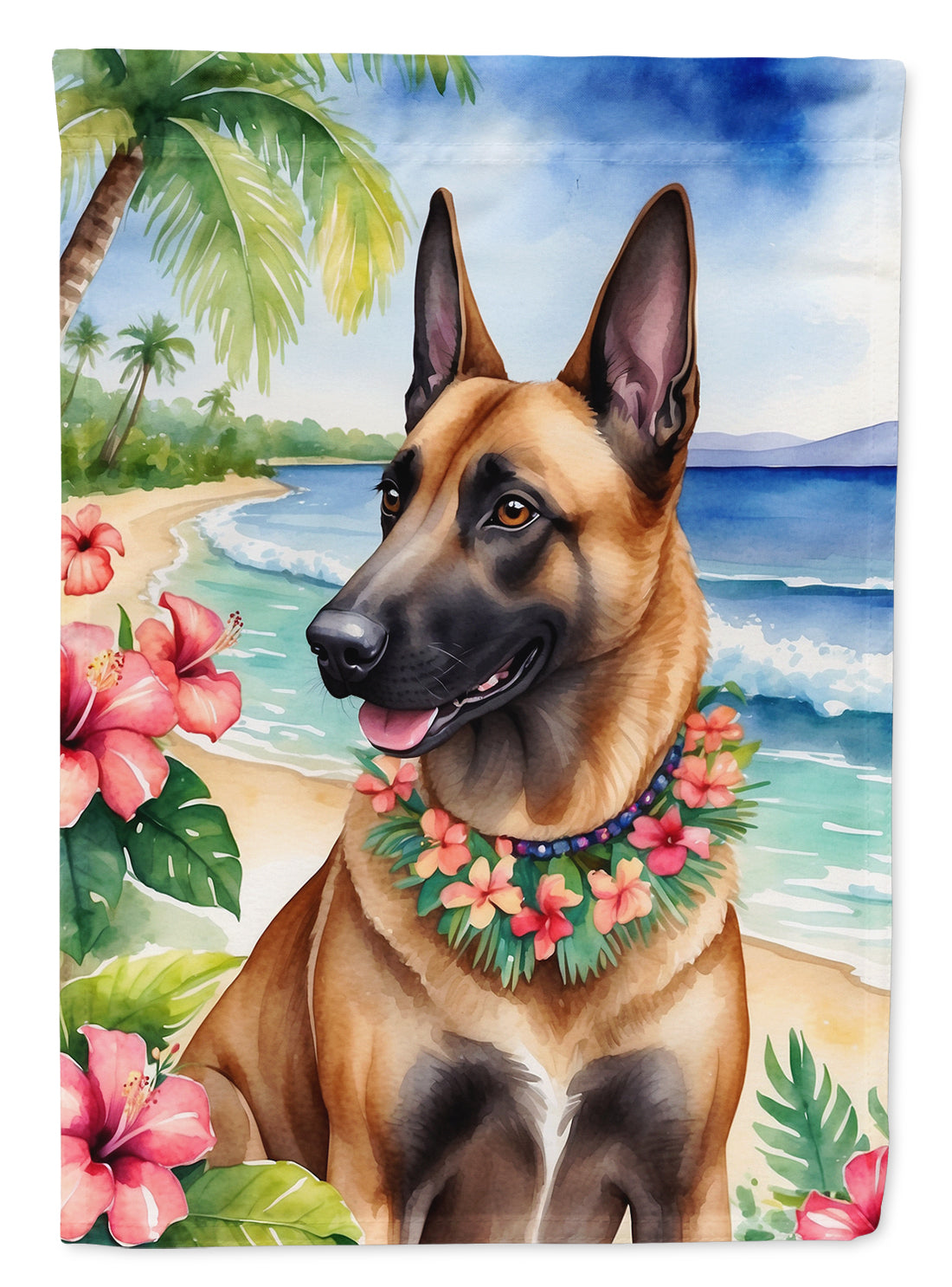 Belgian Malinois Luau House Flag 28x40 Porch Sleeve Pole Decorative Outside Yard Banner Artwork Wall Hanging, Polyester