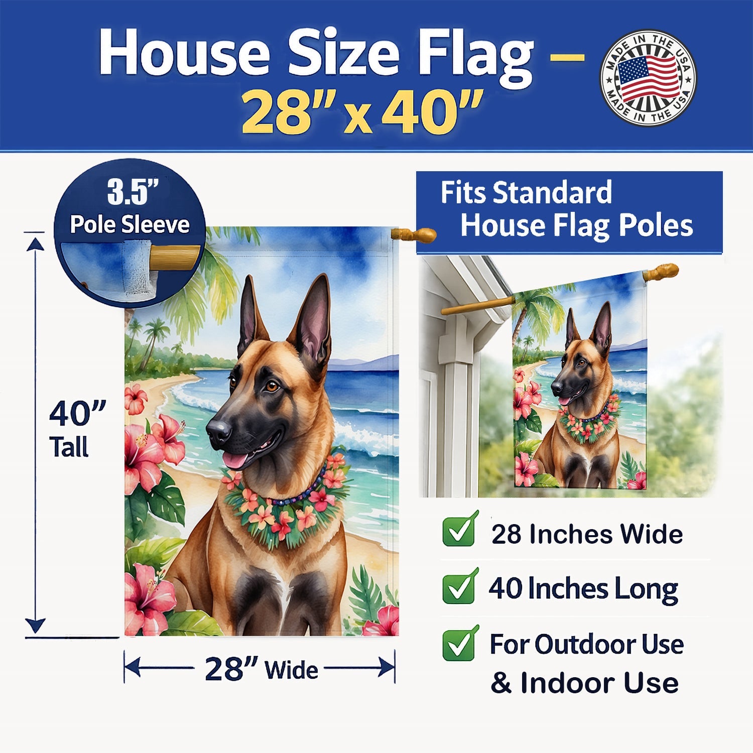 Belgian Malinois Luau House Flag 28x40 Porch Sleeve Pole Decorative Outside Yard Banner Artwork Wall Hanging, Polyester