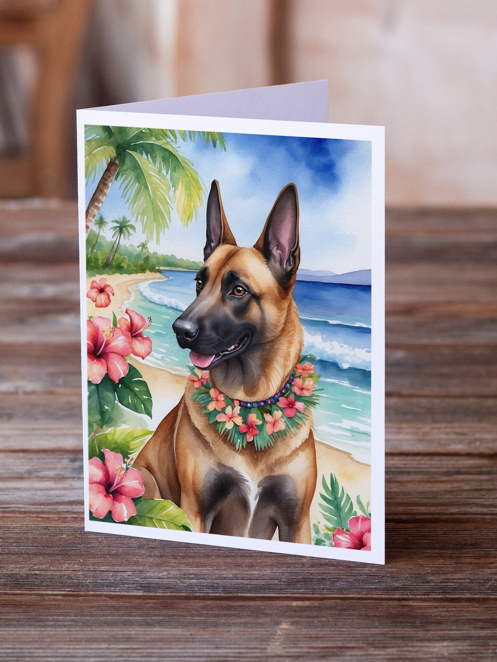 Belgian Malinois Luau Greeting Cards Pack of 8 Blank Cards with Envelopes Whimsical A7 Size 5x7