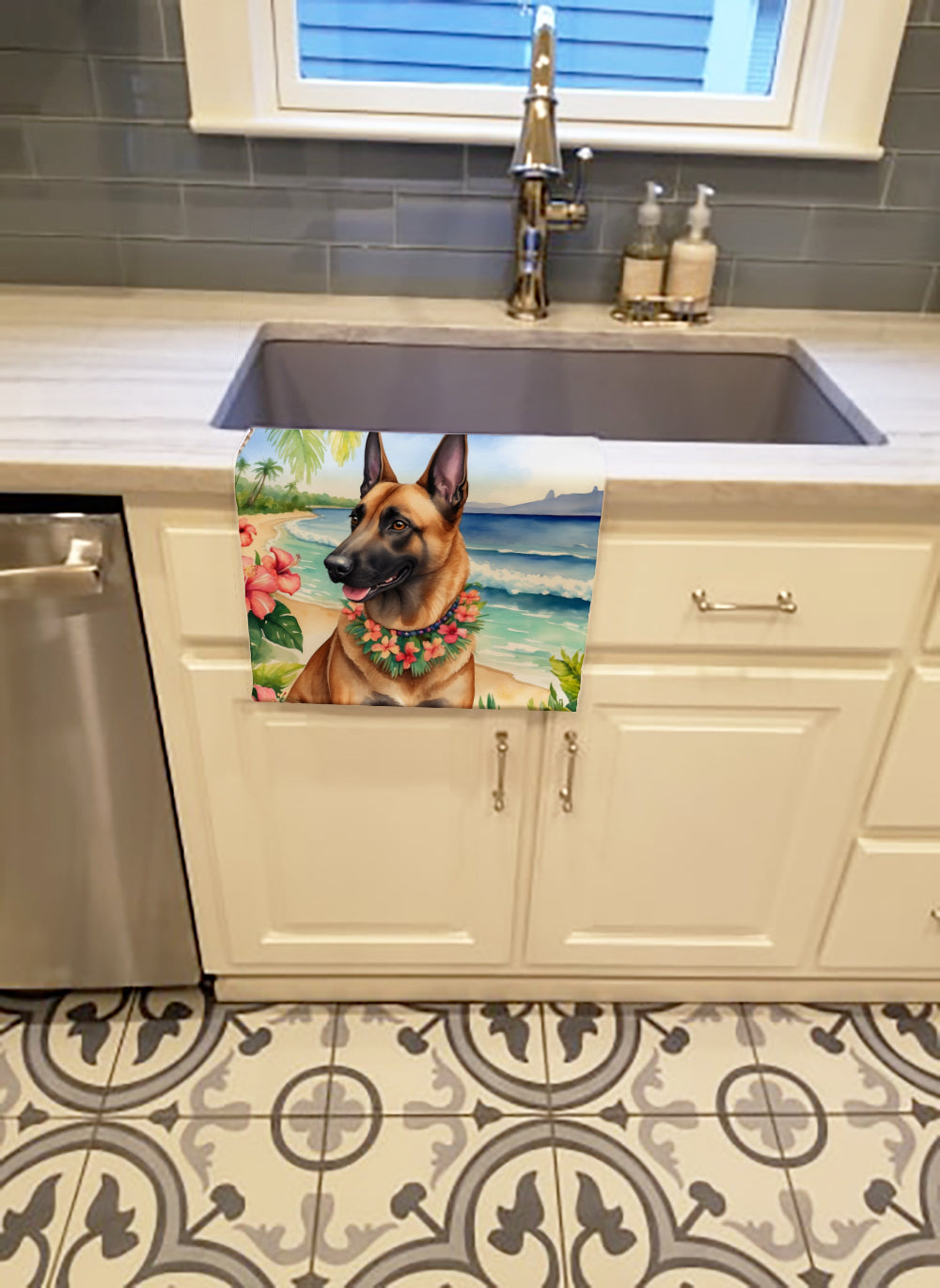 Belgian Malinois Luau Kitchen Towel Velour Plush Front and Cotton Loop Back Machine Washable