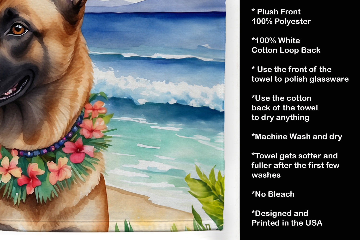 Belgian Malinois Luau Kitchen Towel Velour Plush Front and Cotton Loop Back Machine Washable