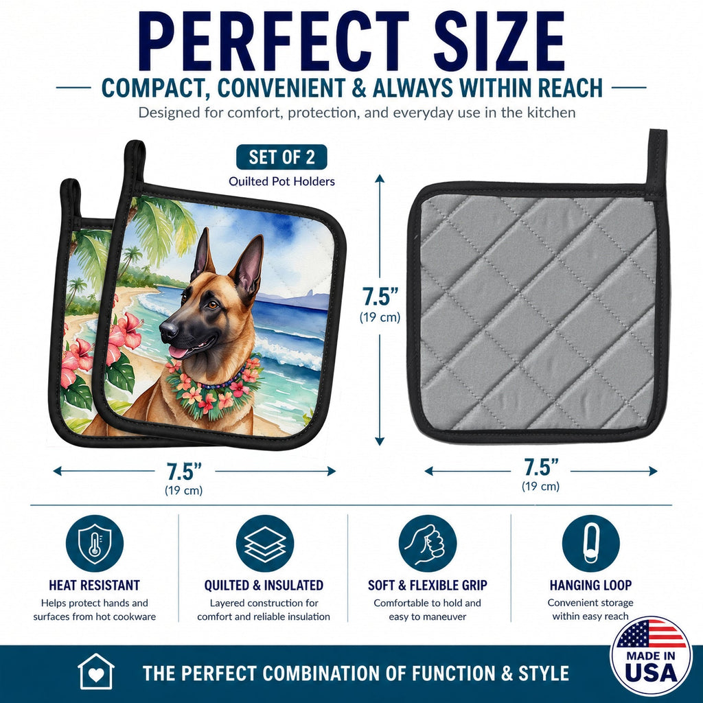 Belgian Malinois Luau Pot Holder Set of 2 Heat Resistant Quilted Hot Pads 7.5 x 7.5 Inch, Insulated Kitchen Trivets for Cooking & Baking