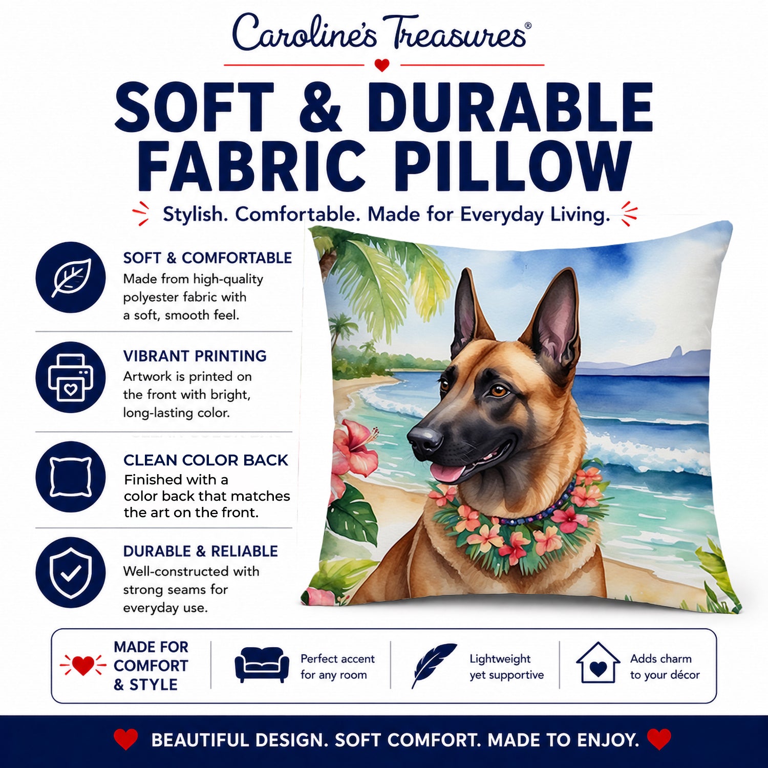 Belgian Malinois Luau Decorative Throw Pillow 14x14 Indoor Outdoor Accent Cushion, Fabric Cover with Insert for Sofa, Bed, Porch & Living Room
