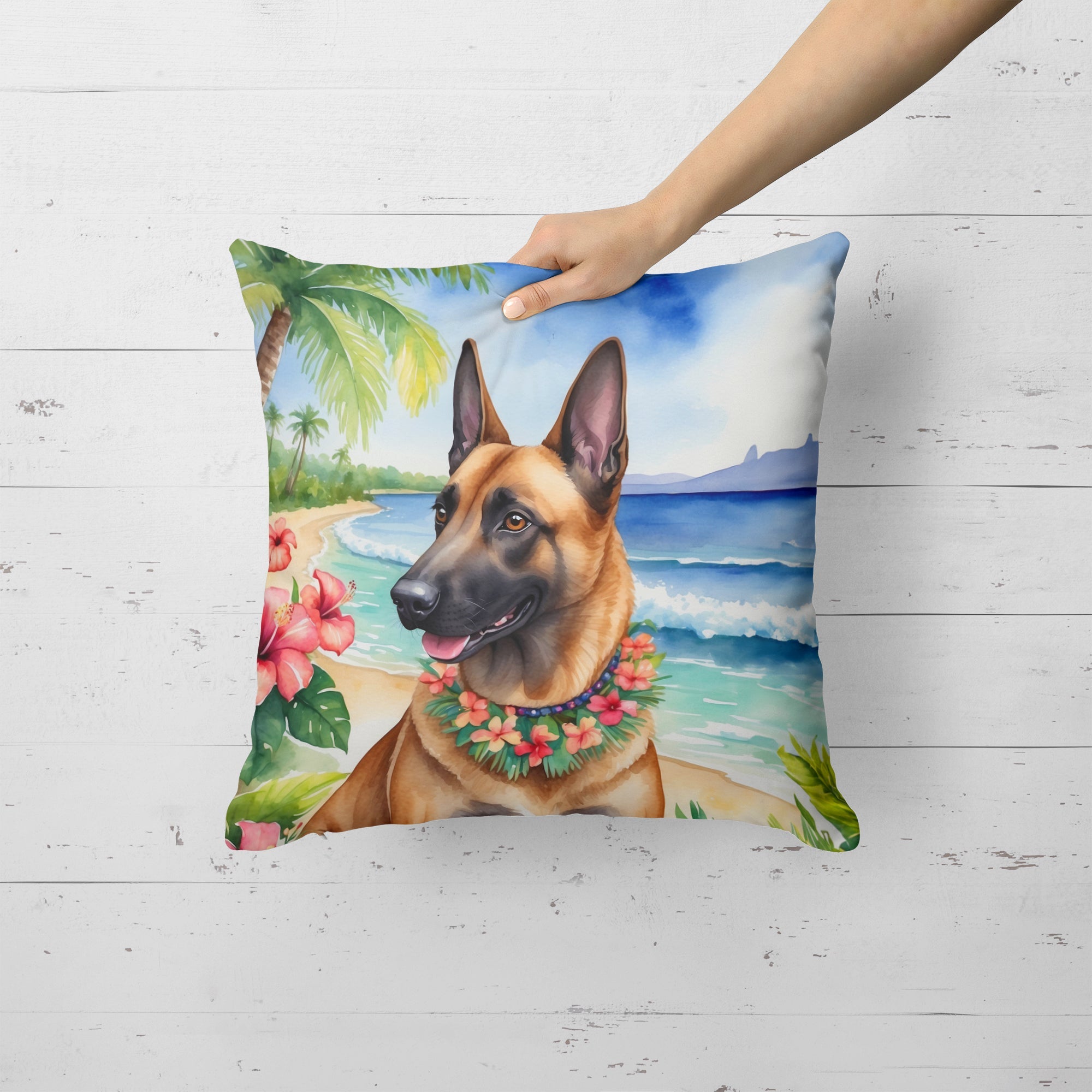 Belgian Malinois Luau Decorative Throw Pillow 18x18 Indoor Outdoor Accent Cushion, Fabric Cover with Insert for Sofa, Bed, Porch & Living Room