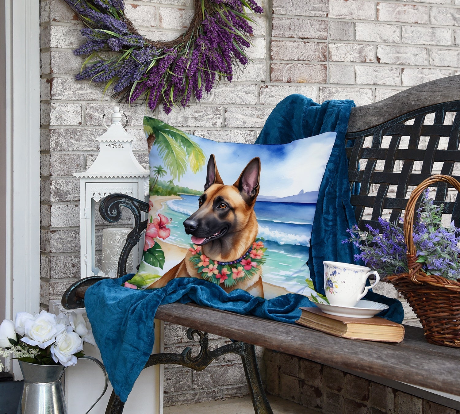 Belgian Malinois Luau Decorative Throw Pillow 18x18 Indoor Outdoor Accent Cushion, Fabric Cover with Insert for Sofa, Bed, Porch & Living Room