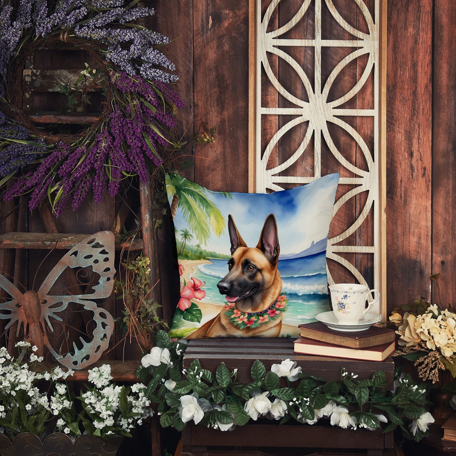 Belgian Malinois Luau Decorative Throw Pillow 18x18 Indoor Outdoor Accent Cushion, Fabric Cover with Insert for Sofa, Bed, Porch & Living Room