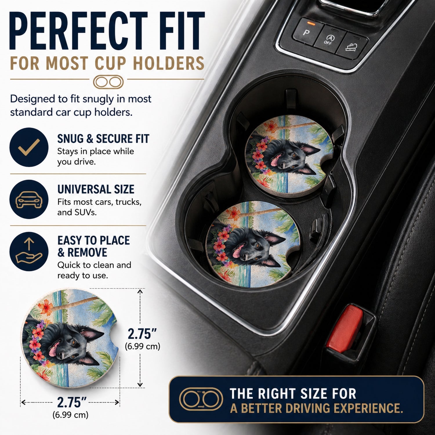 Belgian Sheepdog Luau Set of 2 Cup Holder Car Coasters Absorbent Round Sandstone Coasters Gifts for Men or Women, 2.5, Multicolor