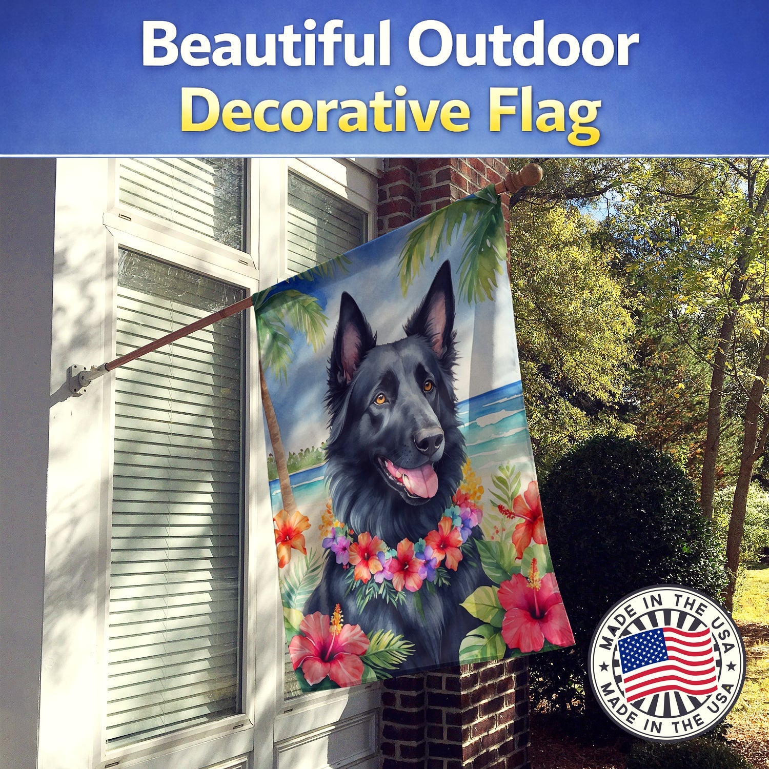 Belgian Sheepdog Luau House Flag 28x40 Porch Sleeve Pole Decorative Outside Yard Banner Artwork Wall Hanging, Polyester