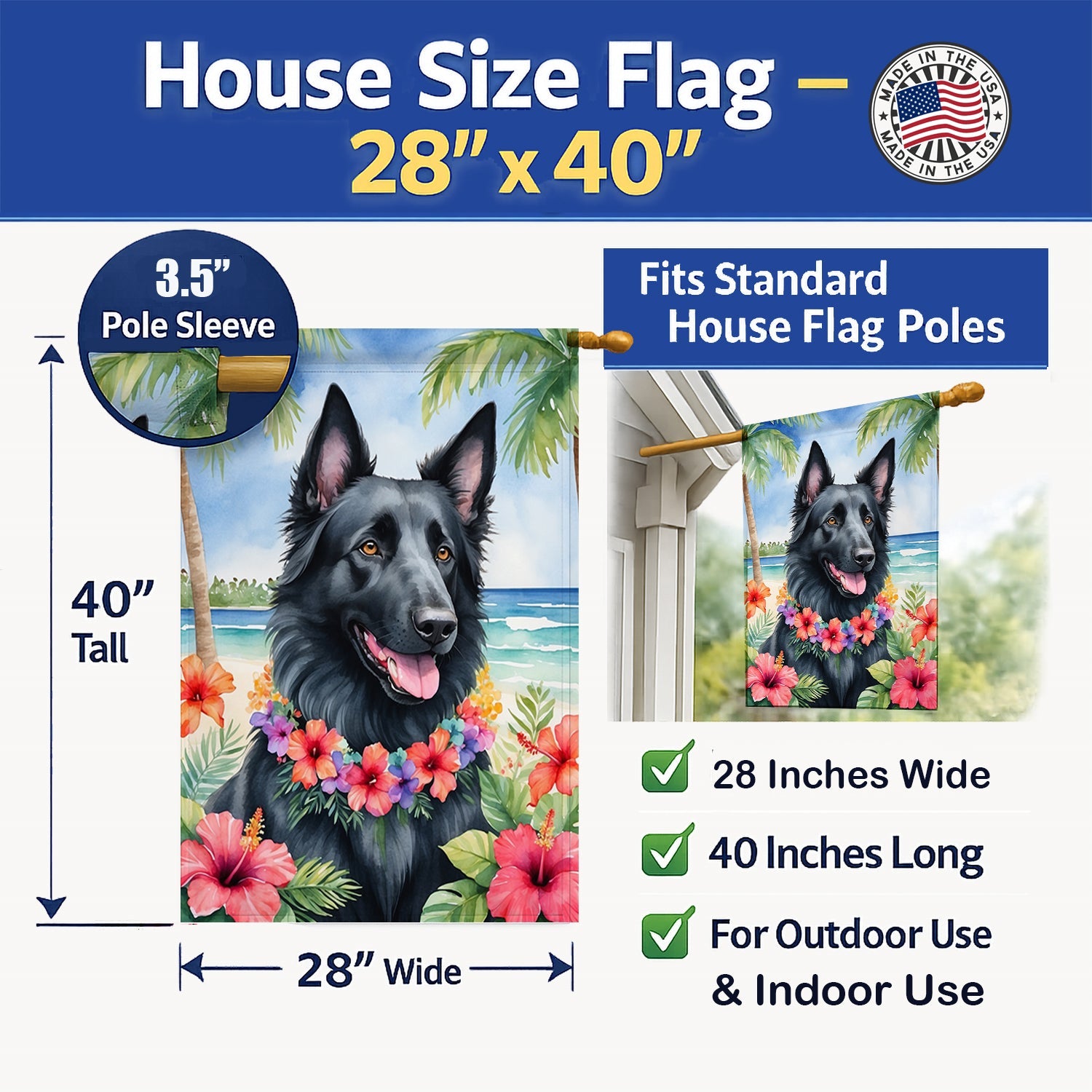 Belgian Sheepdog Luau House Flag 28x40 Porch Sleeve Pole Decorative Outside Yard Banner Artwork Wall Hanging, Polyester