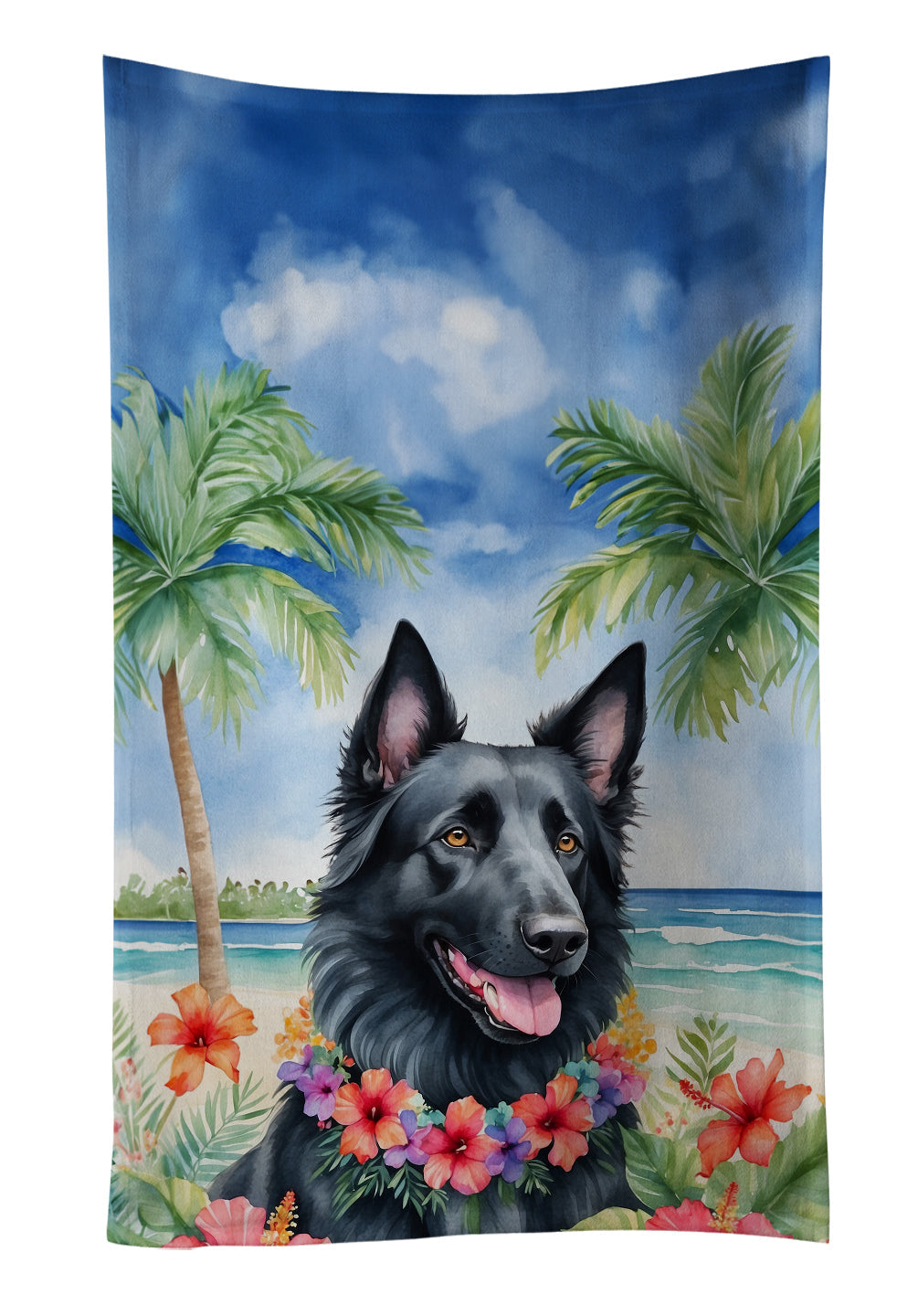 Belgian Sheepdog Luau Kitchen Towel Velour Plush Front and Cotton Loop Back Machine Washable