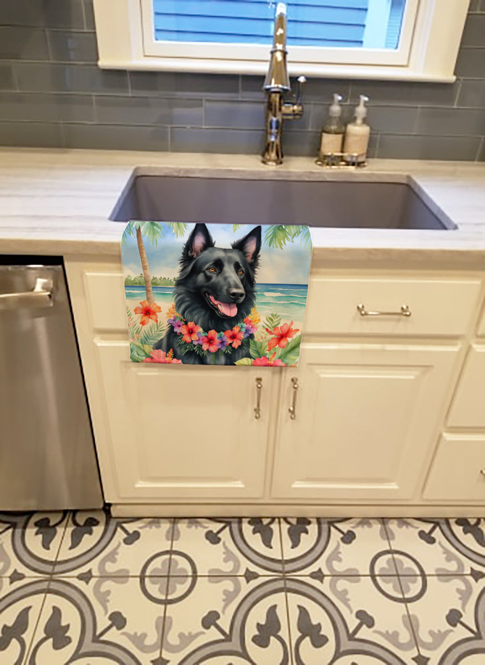 Belgian Sheepdog Luau Kitchen Towel Velour Plush Front and Cotton Loop Back Machine Washable
