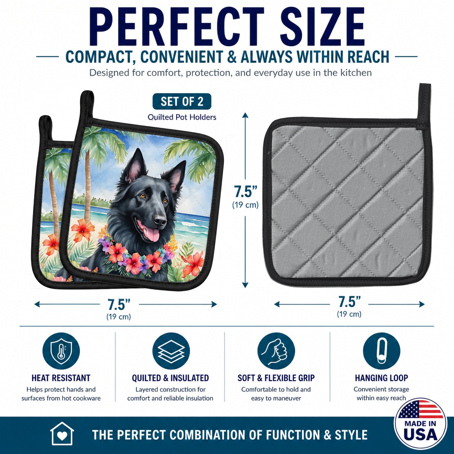Belgian Sheepdog Luau Pot Holder Set of 2 Heat Resistant Quilted Hot Pads 7.5 x 7.5 Inch, Insulated Kitchen Trivets for Cooking & Baking