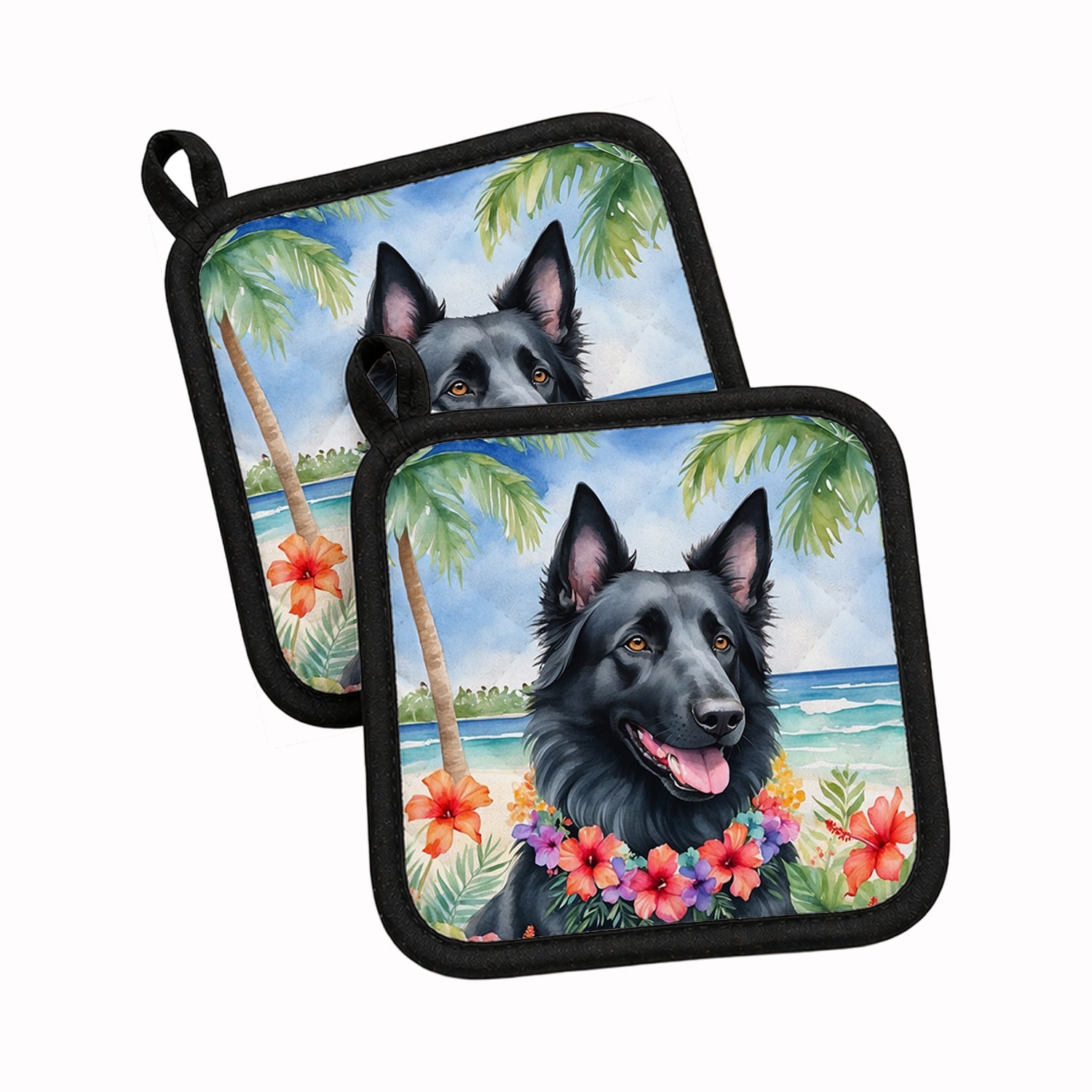 Belgian Sheepdog Luau Pot Holder Set of 2 Heat Resistant Quilted Hot Pads 7.5 x 7.5 Inch, Insulated Kitchen Trivets for Cooking & Baking
