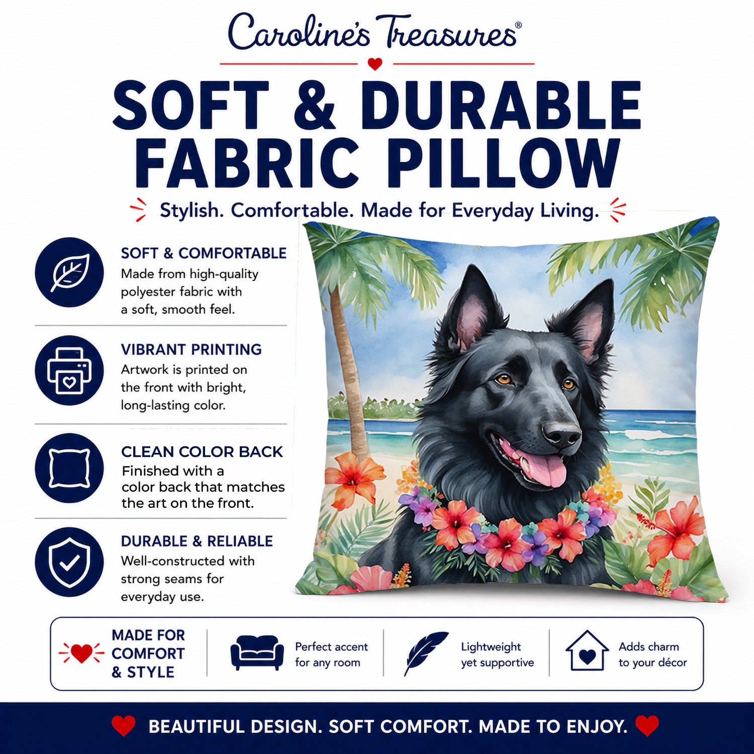 Belgian Sheepdog Luau Decorative Throw Pillow 14x14 Indoor Outdoor Accent Cushion, Fabric Cover with Insert for Sofa, Bed, Porch & Living Room