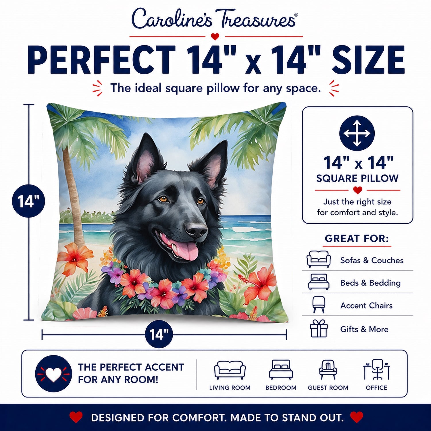 Belgian Sheepdog Luau Decorative Throw Pillow 14x14 Indoor Outdoor Accent Cushion, Fabric Cover with Insert for Sofa, Bed, Porch & Living Room